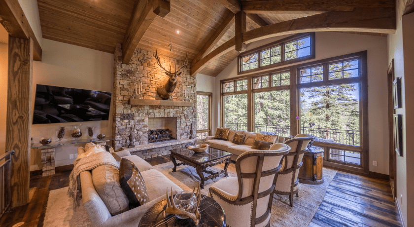An interior view of the main living room for Casa de Montana from Resort Management Group Rocky Mountain cabins.